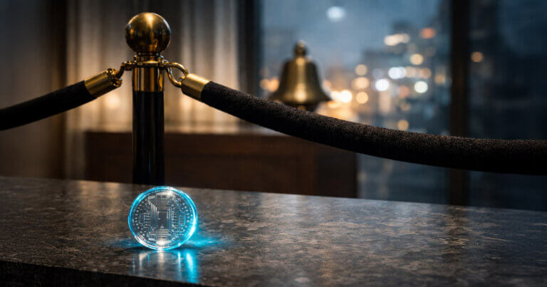 Digital token glowing on a velvet rope barrier in a stock exchange setting, symbolizing IPO access shifting from institutional perks to an on-chain opportunity for retail investors