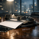 Bear trap snapping shut on a blank report beside spilled oil and a construction helmet on a boardroom table, symbolizing the Federal Reserve’s policy dilemma as soft CPI, weak jobs data, and rising oil prices collide