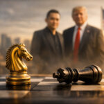 Chessboard with fallen king and standing knight in front of blurred figures of Justin Sun and Donald Trump, symbolizing fading SEC cases and shifting crypto power dynamics