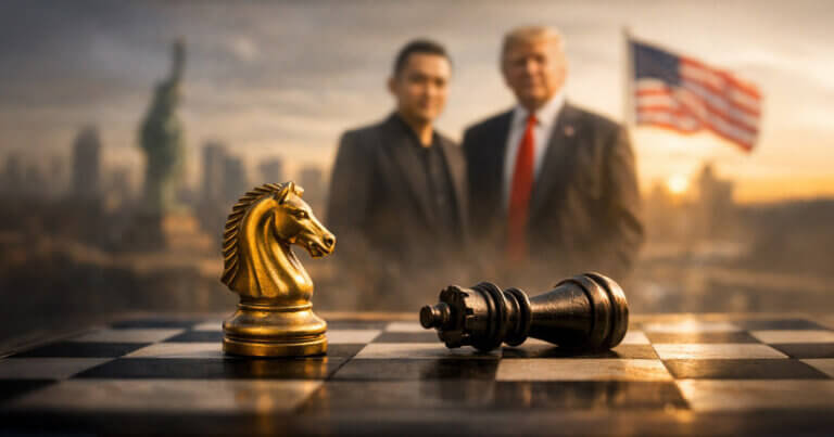 Chessboard with fallen king and standing knight in front of blurred figures of Justin Sun and Donald Trump, symbolizing fading SEC cases and shifting crypto power dynamics