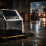 Unused crypto terminal wrapped in plastic in a warehouse as shipments move out, symbolizing Tally shutdown and failed token launches for products with no real demand