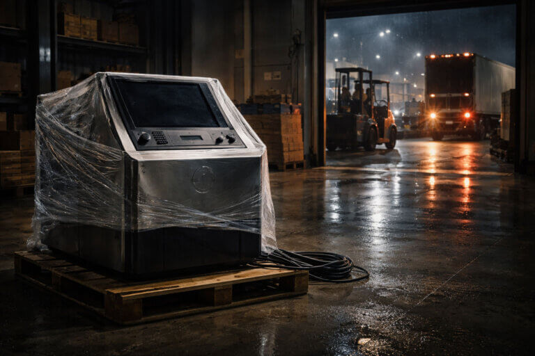 Unused crypto terminal wrapped in plastic in a warehouse as shipments move out, symbolizing Tally shutdown and failed token launches for products with no real demand