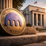 Kraken logo coin positioned in front of the Federal Reserve building at sunset, symbolizing the exchange securing rare Federal Reserve access long sought by crypto firms