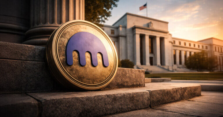 Kraken logo coin positioned in front of the Federal Reserve building at sunset, symbolizing the exchange securing rare Federal Reserve access long sought by crypto firms