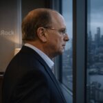 BlackRock executive overlooking city skyline as Bitcoin ETF assets surge past $100 billion toward a potential $200 billion tipping point