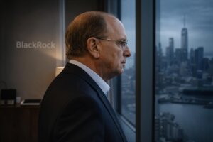 BlackRock executive overlooking city skyline as Bitcoin ETF assets surge past $100 billion toward a potential $200 billion tipping point