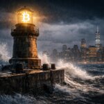 Bitcoin lighthouse in a stormy sea facing a city skyline, symbolizing renewed Fed rate hike bets testing Bitcoin’s macro outlook