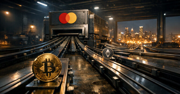 Mastercard-branded payment machine processing Bitcoin and Ethereum tokens on industrial rails, symbolizing debate over crypto-washing versus real-world crypto adoption through new partnerships