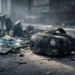 Abandoned VR headset in a crumbling digital cityscape, symbolizing metaverse land crash as a once $24M virtual plot falls to $9,000