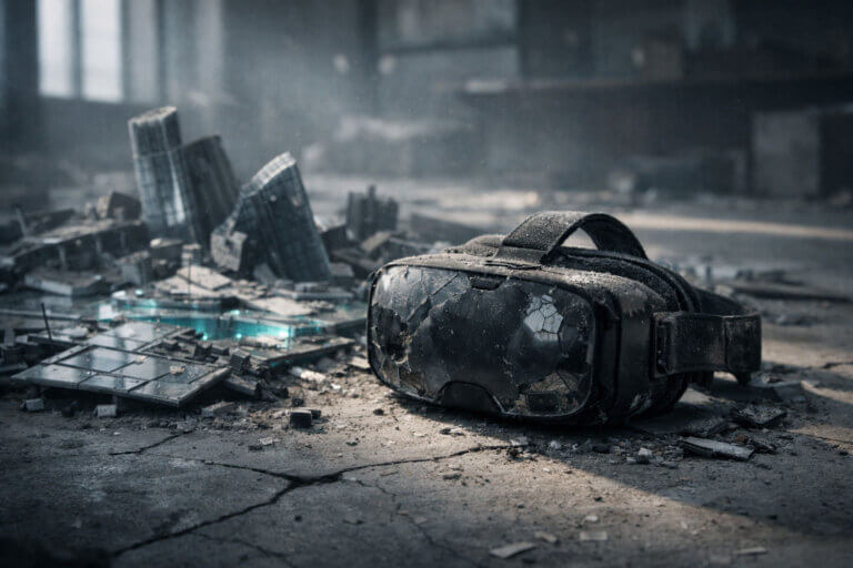 Abandoned VR headset in a crumbling digital cityscape, symbolizing metaverse land crash as a once $24M virtual plot falls to $9,000