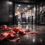 Torn red tape on the floor outside an open vault with a crypto wallet terminal inside, symbolizing regulatory barriers removed and direct access to derivatives markets