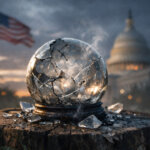 Cracked crystal ball in front of the U.S. Capitol and American flag, symbolizing a lawmaker’s push to ban prediction markets