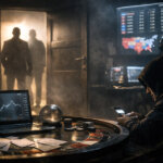 Trader using a phone at a betting table with market charts on screens as shadowy figures enter the room, illustrating insider risks and manipulation concerns in prediction markets acknowledged by the CFTC