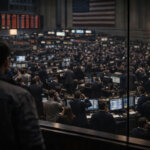 Crowded trading floor viewed from behind a lone observer, symbolizing retail investors facing market imbalance as institutional players dominate outcomes