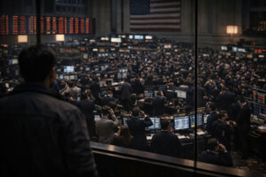 Crowded trading floor viewed from behind a lone observer, symbolizing retail investors facing market imbalance as institutional players dominate outcomes