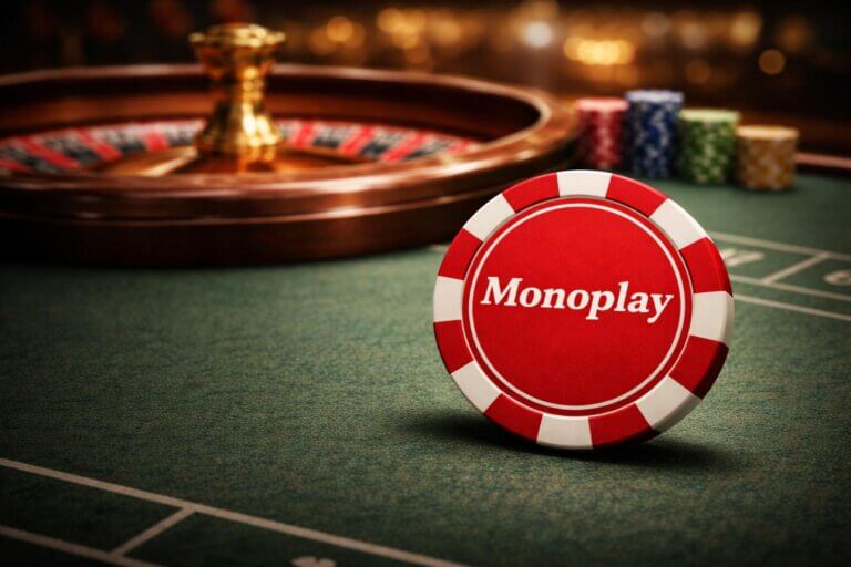 Monoplay casino chip on a roulette table with stacked chips in the background, highlighting the Monoplay casino experience