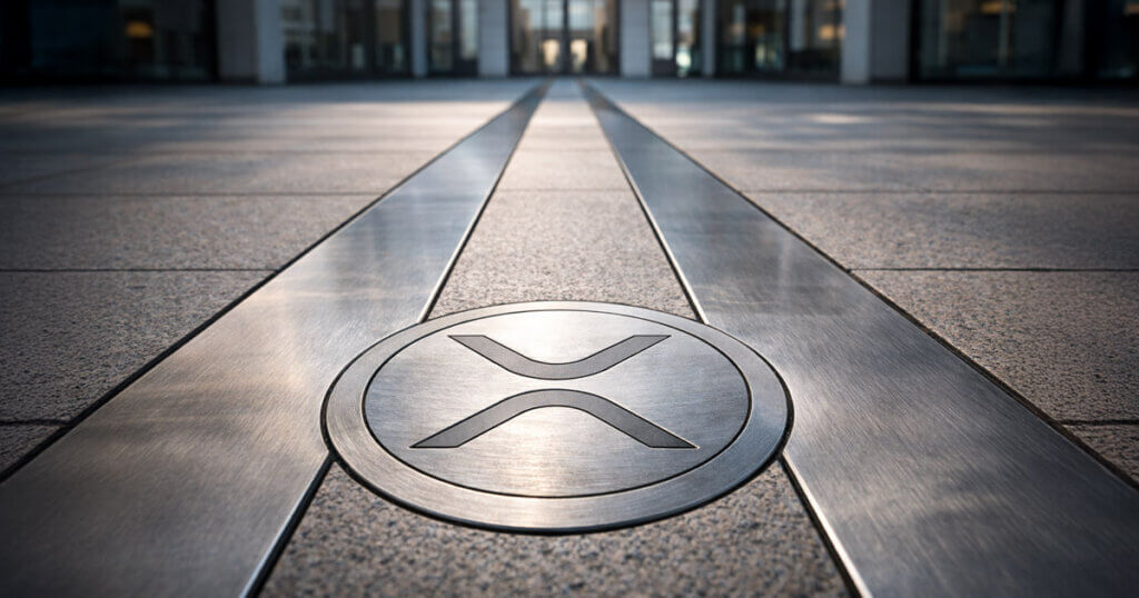 XRP logo embedded in a polished financial plaza floor leading toward a modern office building, symbolizing Ripple’s expansion into Wall Street’s stock-clearing system and XRP payments platform