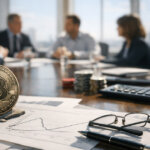 Bitcoin coin on financial documents in a boardroom setting, reflecting the SEC options roundtable and potential changes to leverage costs within IBIT options markets