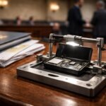 Disassembled crypto wallet device under inspection in a legislative setting, symbolizing proposed backdoor recovery access tied to a state bill amendment