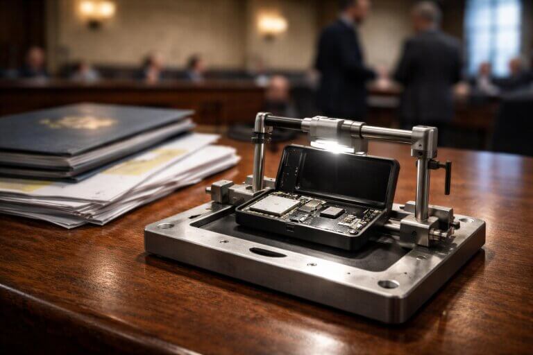Disassembled crypto wallet device under inspection in a legislative setting, symbolizing proposed backdoor recovery access tied to a state bill amendment