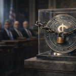 Central bank digital currency coin locked in a glass case with chains inside a Senate hearing room, symbolizing lawmakers voting to block a US CBDC through 2030