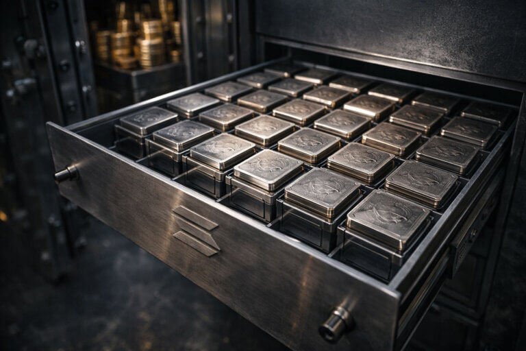 Vault drawer filled with uniform metal asset blocks bearing the Solana emblem, symbolizing tokenized stocks being listed on-chain for Wall Street