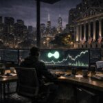 Night trading desk overlooking Wall Street with Hyperliquid interface active as US markets sit closed, highlighting after-hours price discovery in crypto