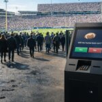 Crowd entering a packed stadium beside a sports prediction kiosk highlights how booming demand for betting markets could strain and destabilize the industry