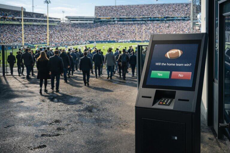 Crowd entering a packed stadium beside a sports prediction kiosk highlights how booming demand for betting markets could strain and destabilize the industry