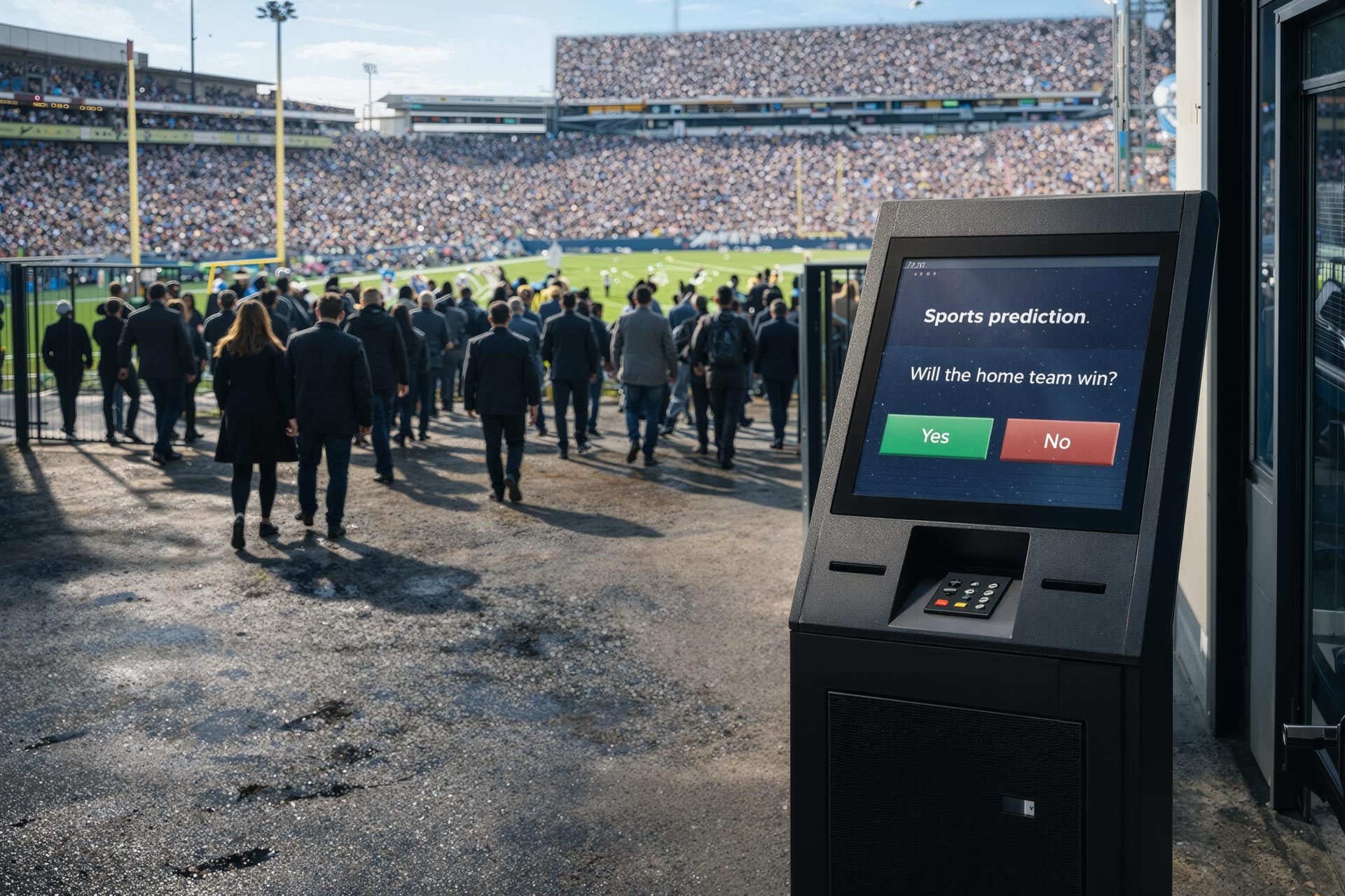 Crowd entering a packed stadium beside a sports prediction kiosk highlights how booming demand for betting markets could strain and destabilize the industry