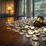 Gavel on a conference table covered with coins overlooking the US Capitol, illustrating the broader congressional battle behind stablecoin legislation