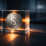 Digital dollar coin sealed in a transparent case on a desk, representing US stablecoins, CBDC concerns, and the future of compliance-focused crypto with privacy implications