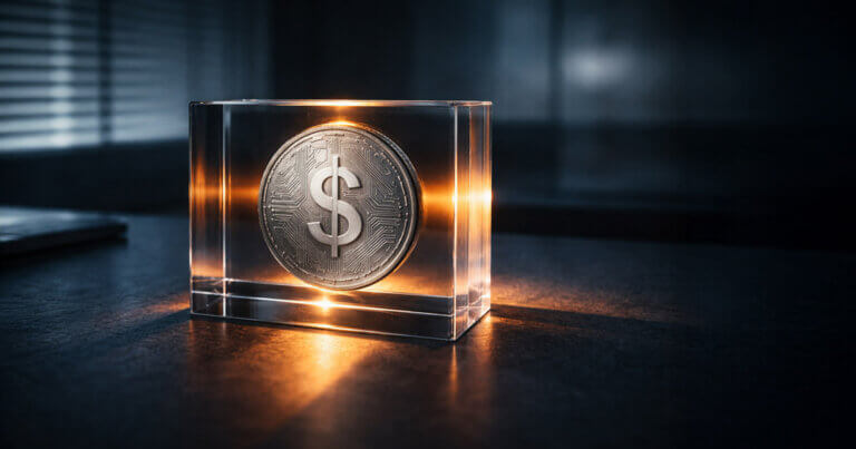 Digital dollar coin sealed in a transparent case on a desk, representing US stablecoins, CBDC concerns, and the future of compliance-focused crypto with privacy implications