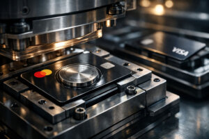 Mastercard-branded payment card being stamped in a factory beside a Visa card, symbolizing acquisition of crypto infrastructure by traditional card networks
