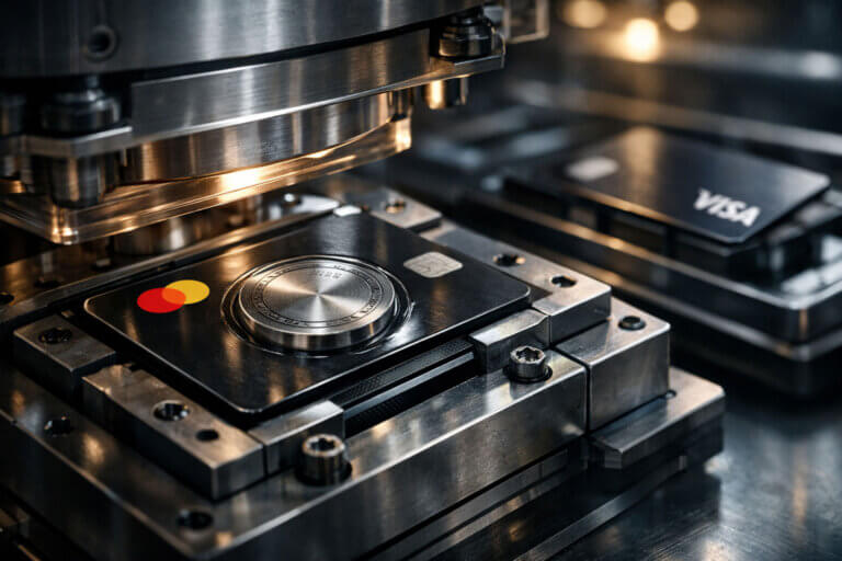 Mastercard-branded payment card being stamped in a factory beside a Visa card, symbolizing acquisition of crypto infrastructure by traditional card networks