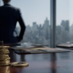 Stacked Bitcoin coins on a desk in a corporate office, reflecting Strategy’s $64B Bitcoin buying plan funded by high-yield financing and its potential impact on BTC price