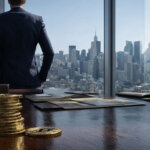 Stacked Bitcoin coins on a desk in a corporate office, reflecting Strategy’s $64B Bitcoin buying plan funded by high-yield financing and its potential impact on BTC price