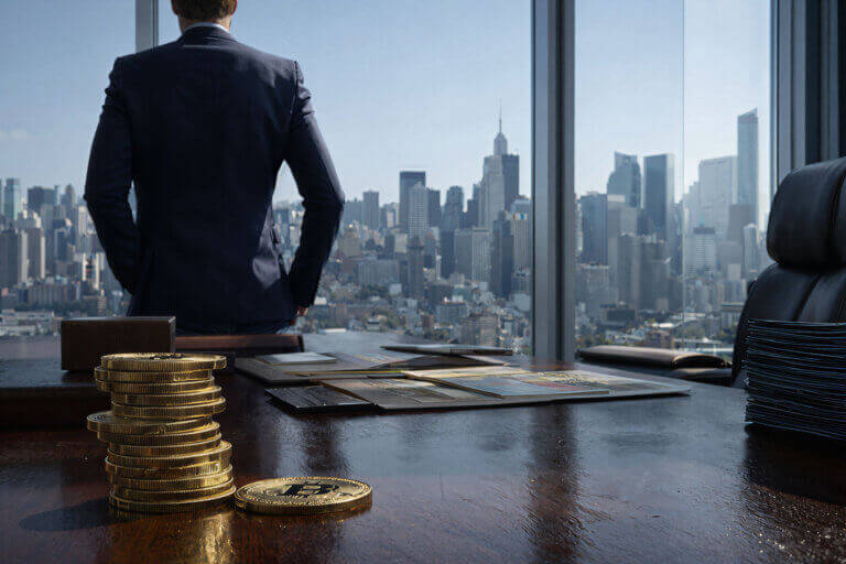 Stacked Bitcoin coins on a desk in a corporate office, reflecting Strategy’s $64B Bitcoin buying plan funded by high-yield financing and its potential impact on BTC price