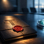 Tether-branded ledger with a wax seal beside a USDT coin in a corporate boardroom, symbolizing a Big Four audit announcement not covering the USDT stablecoin