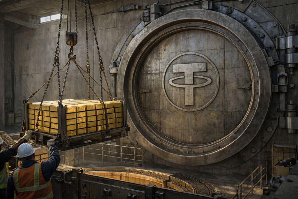Gold bars being loaded into a vault marked with the Tether symbol, reflecting staffing changes before an audit tied to its reserve management
