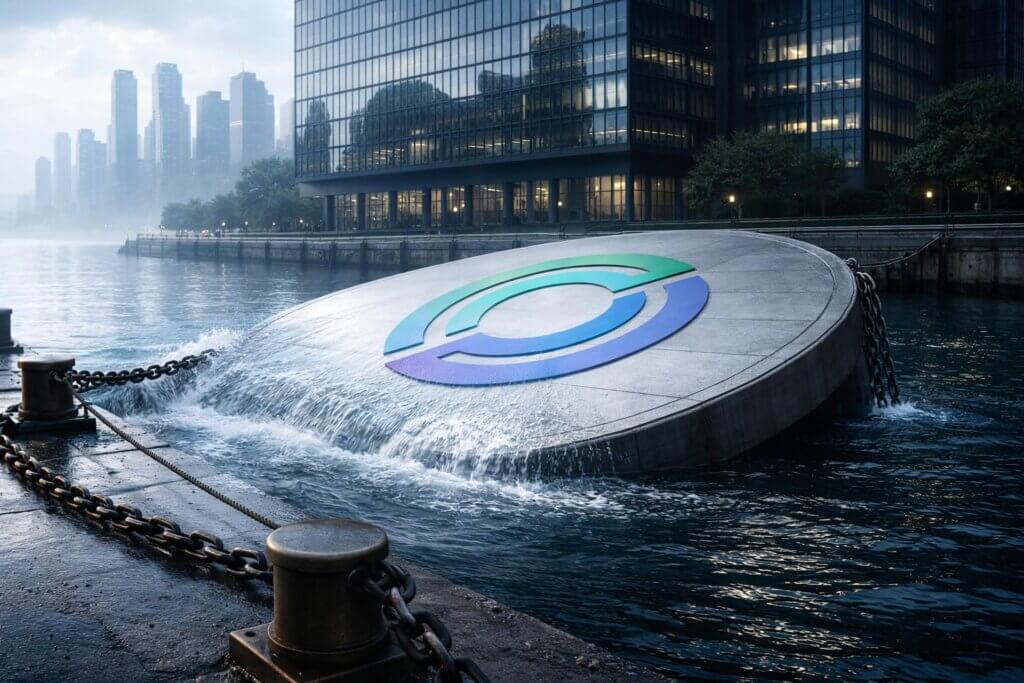 Circle logo platform sinking at a waterfront financial district, symbolizing an overdone 20% sell-off and potential rebound