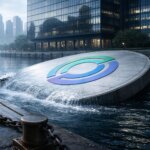 Circle logo platform sinking at a waterfront financial district, symbolizing an overdone 20% sell-off and potential rebound