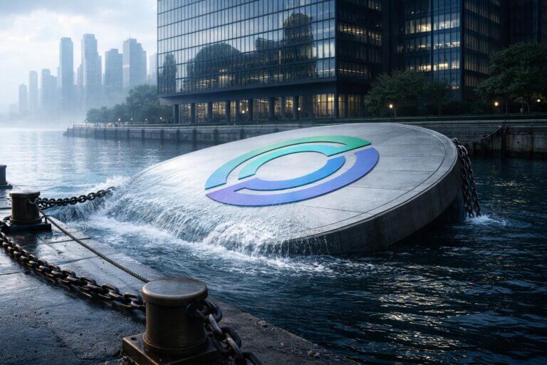 Circle logo platform sinking at a waterfront financial district, symbolizing an overdone 20% sell-off and potential rebound