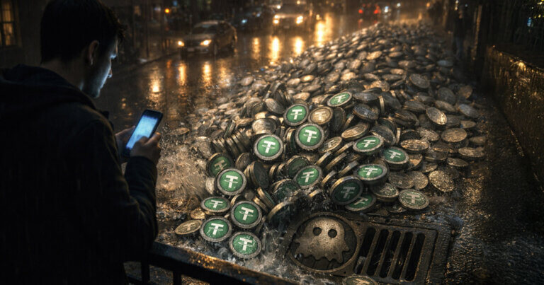 Pile of stablecoins spilling into a city storm drain as a trader checks a phone in the rain, symbolizing how a single crypto swap mistake can drain nearly all funds while trading bots capture the remaining value