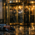 Investors crowded inside a revolving door at a Wall Street building while briefcases sit abandoned outside in the rain, symbolizing restricted withdrawals from private credit funds as money moves toward Bitcoin