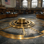 Institutional trading floor built around a vault-like circular mechanism, symbolizing Wall Street’s growing push to control tokenization on its own terms