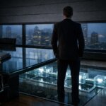 Executive overlooking city skyline above a visible blockchain infrastructure beneath the office floor, symbolizing reduced SEC transparency as institutions gain exposure to public blockchains