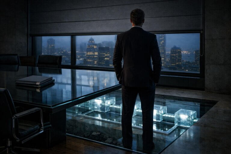 Executive overlooking city skyline above a visible blockchain infrastructure beneath the office floor, symbolizing reduced SEC transparency as institutions gain exposure to public blockchains