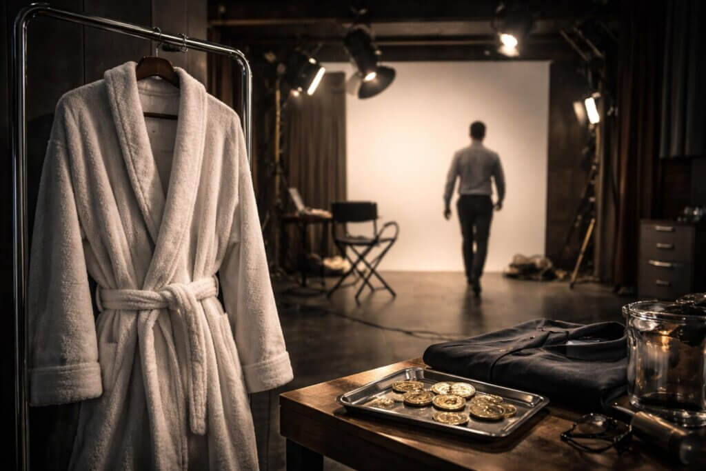 Crypto founder walking away from a staged photo shoot set with bathrobe and Bitcoin props, reflecting media portrayal that mocks the industry’s maturity