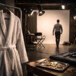 Crypto founder walking away from a staged photo shoot set with bathrobe and Bitcoin props, reflecting media portrayal that mocks the industry’s maturity